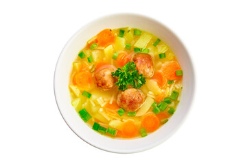 Meatballs in the potato soup. On a white background