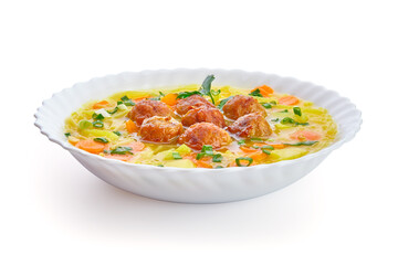 Meatballs in the potato soup. On a white background