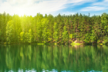 Obraz premium Forest lake with reflections of green trees