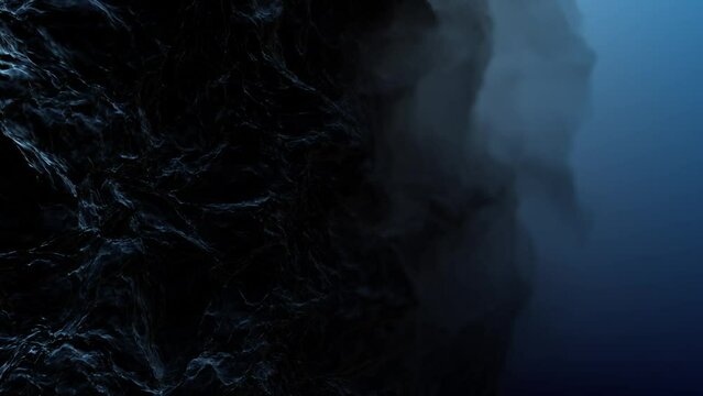 4K Deep Water Dark Fluid, Abstract Black Glistening Flowing Form in Blue Misty Environment Seamless Loop