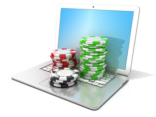 Laptop with red, green and black chips. 3D rendering - concept of online gambling. Isolated on...