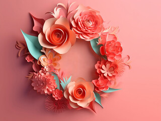 Floral wedding wreath made of paper, close-up and on a gentle uniform background. Generative AI
