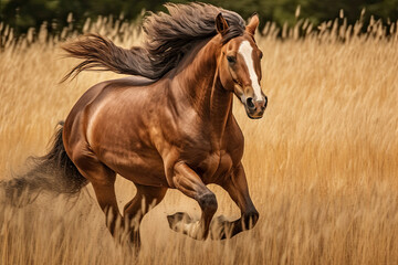 a brown horse running through tall grass with trees in the background on a sunny day, as seen from behind