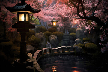 mini japanese garden with lantern and cherry blossom