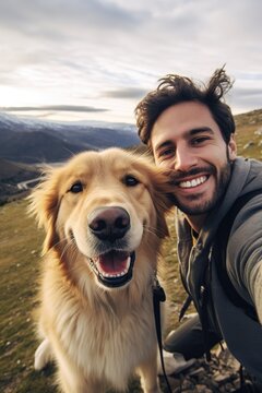 Selfie of young man with Golden Retriever dog in mountain landscape. Vertical shot
