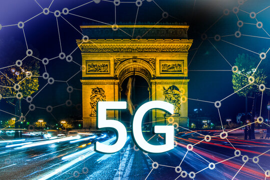 Digital composite of 5G with Paris night lights on the background.5G world summit event, High speed mobile web technology concept - Powered by Adobe
