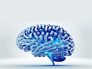 Stylized image of the human brain and glowing neurons in it, in a futuristic style on an isolated background. Generative AI
