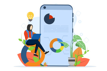 Data analysis concept with people scene in flat cartoon design. analyzing charts, and auditing. character generating ideas and working with statistics on mobile app, flat vector illustration.
