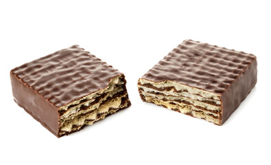 broken chocolate wafer in half on white background