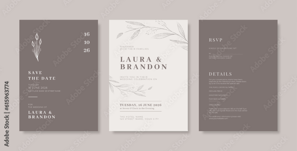 Wall mural Premium wedding invitation template. Wedding engagement template with monochrome style. engraved wedding invitation template