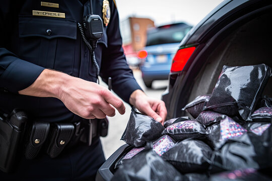 A Police Officer Putting Something In The Back Of A Car That's Parked On The Side Of The Road