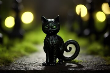 A close - up of a black cat statue with illuminated green eyes, placed in the foreground of a moonlit, foggy pathway. Generative AI