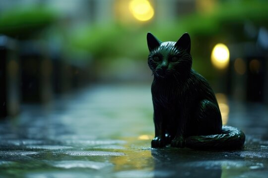 A close - up of a black cat statue with illuminated green eyes, placed in the foreground of a moonlit, foggy pathway. Generative AI