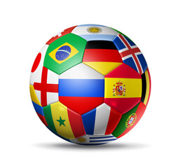 Naklejka premium 3D football soccer ball with team national flags. Russia 2018. Isolated on white