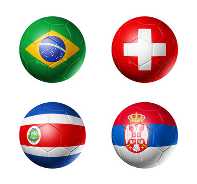 3D soccer balls with group E teams flags, Football competition Russia 2018. isolated on white
