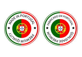 Made in Portugal round labels in English and in Portuguese languages. Quality mark vector icon. Perfect for logo design, tags, badges, stickers, emblem, product package, etc.