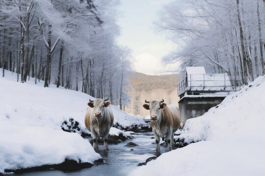 cow in winter created with Generative AI technology