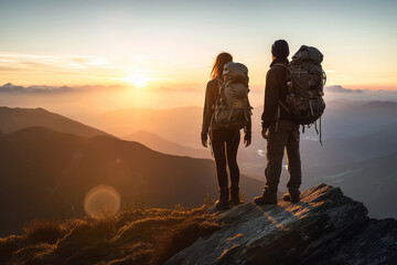 Couple of man and woman hikers on top of a mountain at sunset or sunrise, together enjoying their climbing success and the breathtaking view, looking towards the horizon - Generative AI - obrazy, fototapety, plakaty