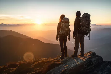 Fotobehang Couple of man and woman hikers on top of a mountain at sunset or sunrise, together enjoying their climbing success and the breathtaking view, looking towards the horizon - Generative AI © mozZz
