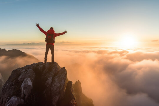 A hiker on top of a mountain at sunset or sunrise, raising his arms, enjoying his climbing success and freedom, looking towards the horizon above a sea of clouds - Generative AI