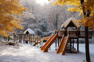 playground in autumn with snow