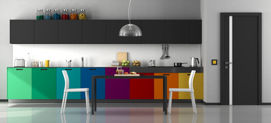 Colorful modern kitchen with dining table and chairs - 3d rendering
