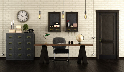 Home office in retro style with wooden desk, black cabinet and old door - 3d rendering
