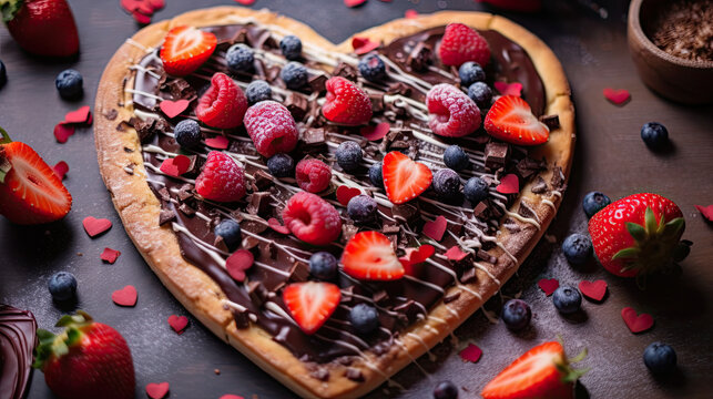 a heart shaped dessert with strawberries, ras and chocolate toppings on a black table next to it is a bowl of berries