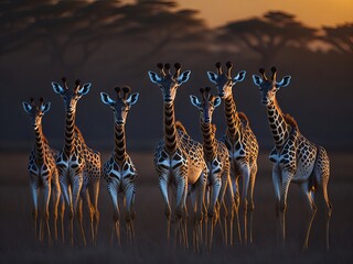 Herd of giraffes in the setting sun. Generative AI