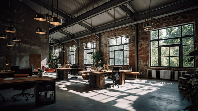an office with brick walls and lots of light coming through the windows there are desks, chairs, lamps