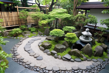 Japanese zen garden with fountain created with Generative AI technology