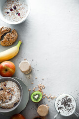 Healthy breakfast variety. Cereals with fruit. Yogurt with seeds