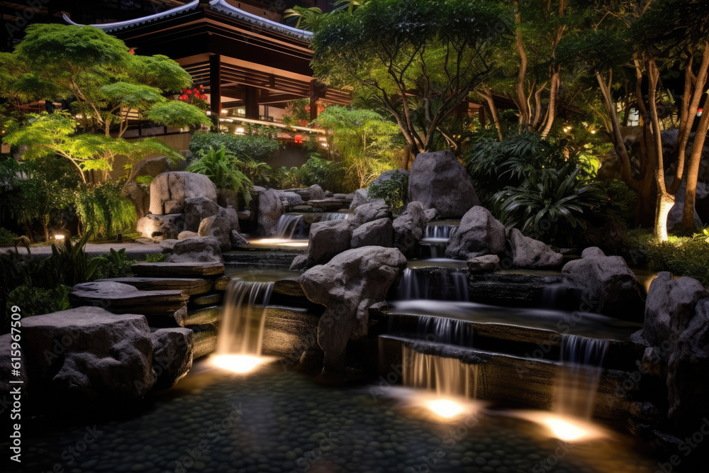 Wall mural Japanese garden with waterfall created with Generative AI technology