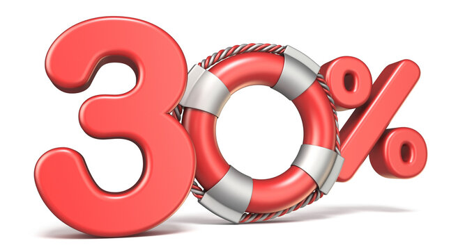 Life buoy 30 percent sign 3D render illustration isolated on white background