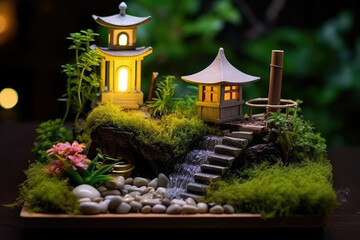Fototapeta premium miniature of small zen garden with lantern created with Generative AI technology