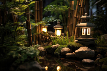 miniature of small zen garden with lantern created with Generative AI technology