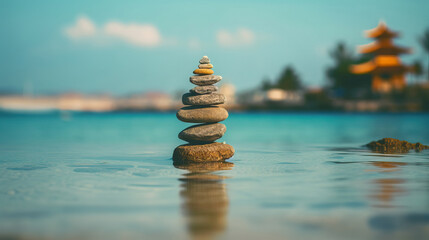 Fototapeta na wymiar The art of balancing rocks on the sea