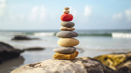 Fototapeta na wymiar The art of balancing rocks on the sea