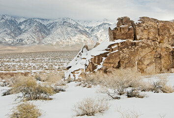 Red Canyon Petroglyphs along Fish Slough Road in Bishop, CA during winter.