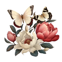 Vintage Butterfly And Magnolia Flowers