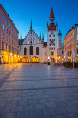 Fototapeta na wymiar Cityscape image of Marien Square in Munich, Germany during twilight blue hour.