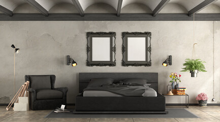 Black master bederoom with wooden double bed and leather armchair - 3d rendering