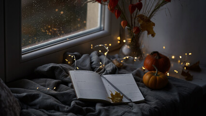 Beautiful atmospheric photograph of autumn mood.Vase with branches of orange physalis, pumpkins,light garland,blanket and book on windowsill near window wet from rain.Autumn, fall, hygge home decor.