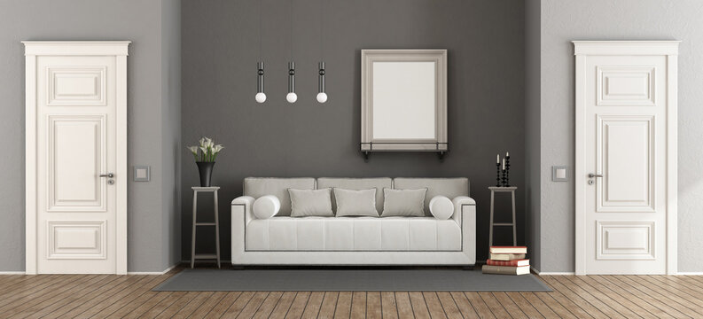 White and gray classic living room with elegant sofa and two closed doors - 3d rendering