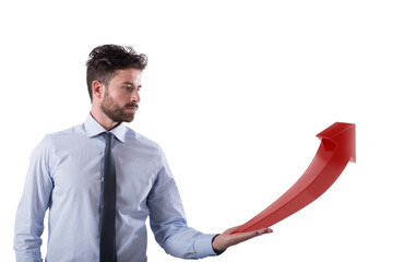 Businessman holds a red growing statistic company