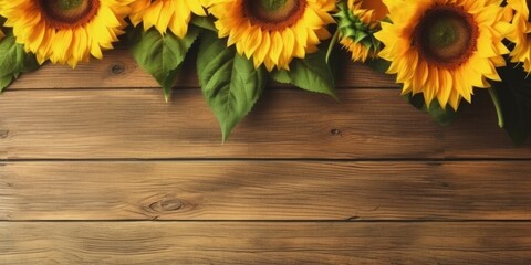 top view photo realistic arranged small sunflowers on wooden table made with Generative AI made with Generative AI