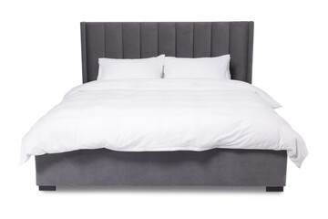 Comfortable gray bed with linens on white background