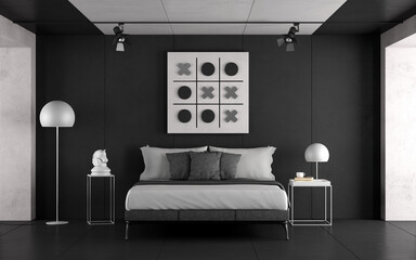 Fototapeta premium Black and white master bedroom with minimalist furniture and concrete walls - 3d rendering