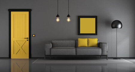 Yellow and gray minimalist living room with sofa and closed door - 3d rendering