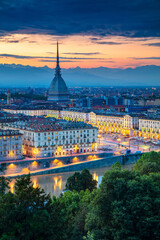 Fototapeta premium Aerial cityscape image of Turin, Italy during sunset.